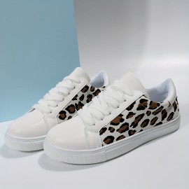 Women's Leopard Printed Skate Shoes, Fashion Lace Up Low Top Sneakers, Casual Walking Shoes