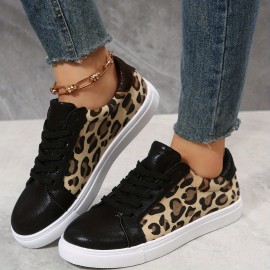 Women's Leopard Printed Skate Shoes, Fashion Lace Up Low Top Sneakers, Casual Walking Shoes