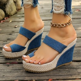 Women's Solid Color Platform Sandals, Slip On Casual Toe Loop Summer Slides, Non-slip Beach Wedge Slides