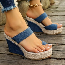 Women's Solid Color Platform Sandals, Slip On Casual Toe Loop Summer Slides, Non-slip Beach Wedge Slides