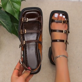 Women's Buckle Strap Platform Sandals, Fashion Square Toe Summer Sandals, Women's Comfortable Sandals