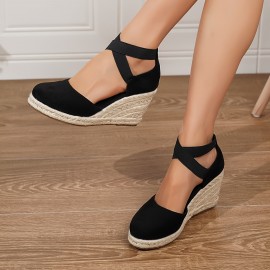 Women's Solid Color Trendy Sandal, Elastic Band Platform Closed Toe Espadrilles Shoes, Hollow Out Wedge Comfy Shoes