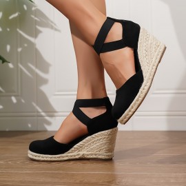 Women's Solid Color Trendy Sandal, Elastic Band Platform Closed Toe Espadrilles Shoes, Hollow Out Wedge Comfy Shoes