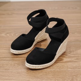 Women's Solid Color Trendy Sandal, Elastic Band Platform Closed Toe Espadrilles Shoes, Hollow Out Wedge Comfy Shoes