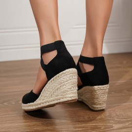 Women's Solid Color Trendy Sandal, Elastic Band Platform Closed Toe Espadrilles Shoes, Hollow Out Wedge Comfy Shoes