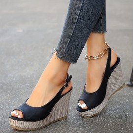 Women's Wedge Heeled Sandals, Casual Peep Toe Platform Sandals, Comfortable Buckle Strap Summer Shoes