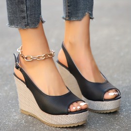 Women's Wedge Heeled Sandals, Casual Peep Toe Platform Sandals, Comfortable Buckle Strap Summer Shoes