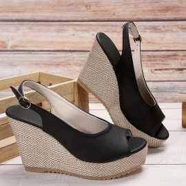 Women's Wedge Heeled Sandals, Casual Peep Toe Platform Sandals, Comfortable Buckle Strap Summer Shoes