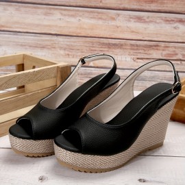 Women's Wedge Heeled Sandals, Casual Peep Toe Platform Sandals, Comfortable Buckle Strap Summer Shoes