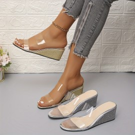 Women's Glitter Wedge Sandals, Transparent Two Bands Open Toe Summer Shoes, Fashion Outdoor Beach Slide Sandals