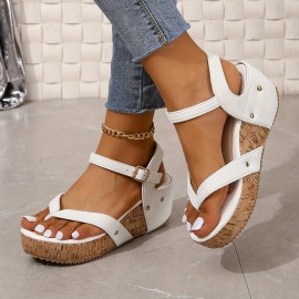 Women's Solid Color Thong Sandals, Ankle Buckle Strap Platform Comfy Shoes, Versatile Summer Slingback Wedge Shoes