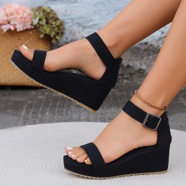 Women's Solid Color Minimalist Sandals, Back Zipper Casual Ankle Buckle Platform Shoes, Summer Wedge Beach Shoes