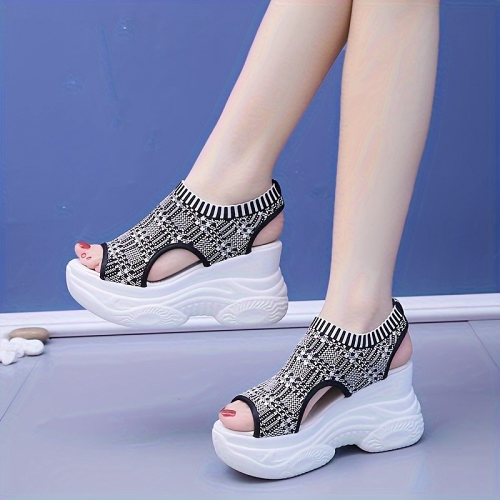 Women's Solid Color Stylish Sandals, Slip On Platform Soft Sole Casual Stretch Shoes, Summer Versatile Wedge Shoes