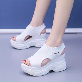 Women's Solid Color Stylish Sandals, Slip On Platform Soft Sole Casual Stretch Shoes, Summer Versatile Wedge Shoes