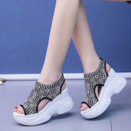 Women's Solid Color Stylish Sandals, Slip On Platform Soft Sole Casual Stretch Shoes, Summer Versatile Wedge Shoes