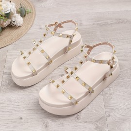 Women's Rivets Decor Platform Sandals, Fashion Beach Sandals With Adjustable Strap, Summer Comfortable Shoes