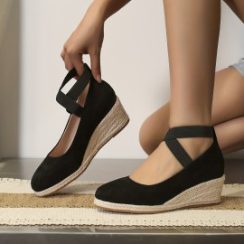 Women's Espadrille Wedge Heels, Elastic Criss Cross Strap Slip On Shoes, Comfy Micro Suede Shoes