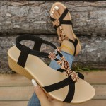 Women's Flower Decor Wedge Sandals, Boho Style Cross Band Elastic Strap Slip On Shoes, Casual Summer Vacation Shoes