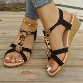 Women's Flower Decor Wedge Sandals, Boho Style Cross Band Elastic Strap Slip On Shoes, Casual Summer Vacation Shoes