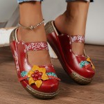 Women's Retro Flower Decor Wedge Sandals, Casual Round Toe Slip On Backless Shoes, Outdoor Summer Slide Sandals