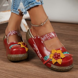 Women's Retro Flower Decor Wedge Sandals, Casual Round Toe Slip On Backless Shoes, Outdoor Summer Slide Sandals