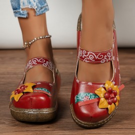 Women's Retro Flower Decor Wedge Sandals, Casual Round Toe Slip On Backless Shoes, Outdoor Summer Slide Sandals