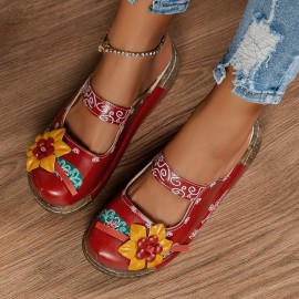 Women's Retro Flower Decor Wedge Sandals, Casual Round Toe Slip On Backless Shoes, Outdoor Summer Slide Sandals