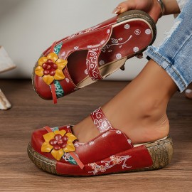 Women's Retro Flower Decor Wedge Sandals, Casual Round Toe Slip On Backless Shoes, Outdoor Summer Slide Sandals