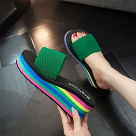 Women's Rainbow Sole Wedge Slides, Open Toe Single Band Slide Shoes, Platform Beach Slide Sandals