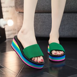 Women's Rainbow Sole Wedge Slides, Open Toe Single Band Slide Shoes, Platform Beach Slide Sandals