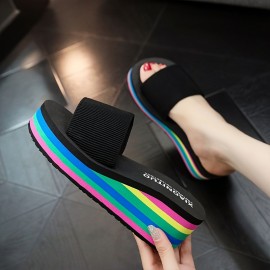 Women's Rainbow Sole Wedge Slides, Open Toe Single Band Slide Shoes, Platform Beach Slide Sandals