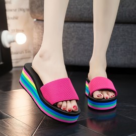 Women's Rainbow Sole Wedge Slides, Open Toe Single Band Slide Shoes, Platform Beach Slide Sandals