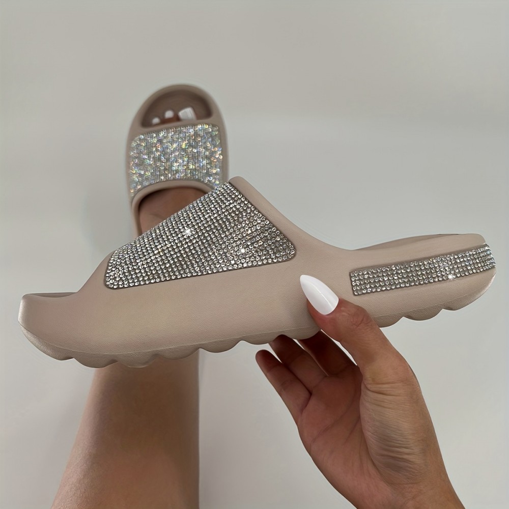 Women's Rhinestone Decor Pillow Slides, Slip On Open Toe Soft Sole Thick Bottom Shoes, Glitter Comfy Summer Shoes