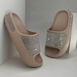 Women's Rhinestone Decor Pillow Slides, Slip On Open Toe Soft Sole Thick Bottom Shoes, Glitter Comfy Summer Shoes