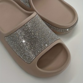 Women's Rhinestone Decor Pillow Slides, Slip On Open Toe Soft Sole Thick Bottom Shoes, Glitter Comfy Summer Shoes