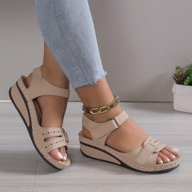 Women's Retro Wedge Heeled Sandals, Solid Color Open Toe Hook & Loop Shoes, Casual Summer Sandals