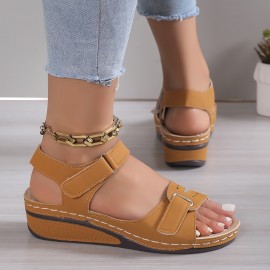 Women's Retro Wedge Heeled Sandals, Solid Color Open Toe Hook & Loop Shoes, Casual Summer Sandals