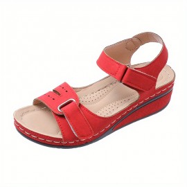 Women's Retro Wedge Heeled Sandals, Solid Color Open Toe Hook & Loop Shoes, Casual Summer Sandals