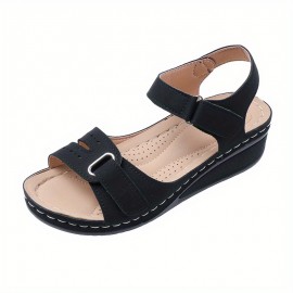 Women's Retro Wedge Heeled Sandals, Solid Color Open Toe Hook & Loop Shoes, Casual Summer Sandals