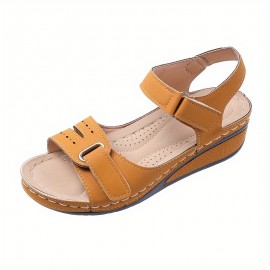 Women's Retro Wedge Heeled Sandals, Solid Color Open Toe Hook & Loop Shoes, Casual Summer Sandals