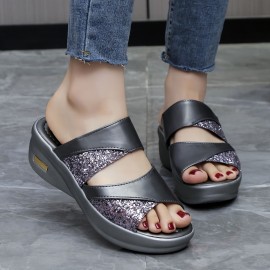 Women's Glitter Decor Wedge Sandals, Casual Slip On Platform Sandals, Comfortable Summer Shoes for carnival