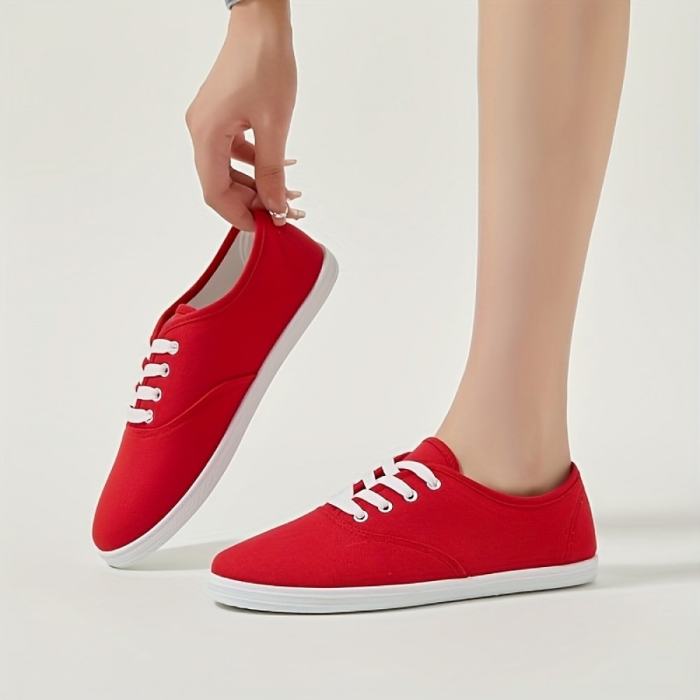 Women's Solid Color Trendy Shoes, Lace Up Lightweight Soft Sole Casual Shoes, Low-top Canvas Shoes