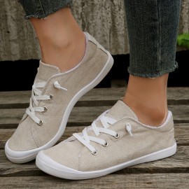 Women's Solid Color Flat Canvas Shoes, Casual & Lightweight  Lace Up Sneakers, Women's All-Match Outdoor Shoes