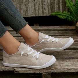 Women's Solid Color Flat Canvas Shoes, Casual & Lightweight  Lace Up Sneakers, Women's All-Match Outdoor Shoes