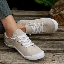 Women's Solid Color Flat Canvas Shoes, Casual & Lightweight  Lace Up Sneakers, Women's All-Match Outdoor Shoes