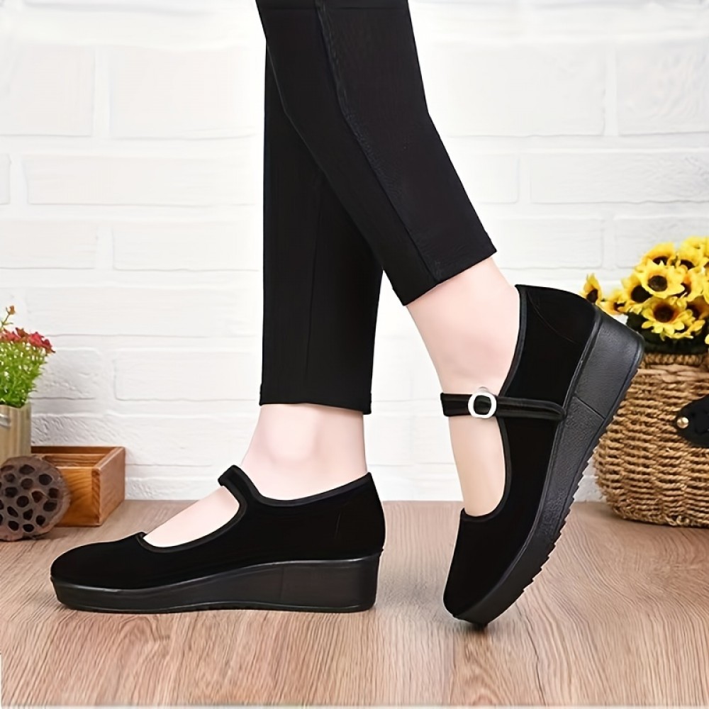 Women's Solid Color Flatform Shoes, Suede Pattern Round Toe Low-top Buckle Strap Soft Sole Shoes, Casual Walking Shoes