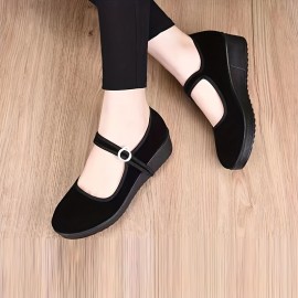 Women's Solid Color Flatform Shoes, Suede Pattern Round Toe Low-top Buckle Strap Soft Sole Shoes, Casual Walking Shoes