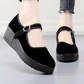 Women's Solid Color Flatform Shoes, Suede Pattern Round Toe Low-top Buckle Strap Soft Sole Shoes, Casual Walking Shoes