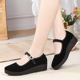 Women's Solid Color Flatform Shoes, Suede Pattern Round Toe Low-top Buckle Strap Soft Sole Shoes, Casual Walking Shoes