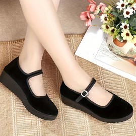 Women's Solid Color Flatform Shoes, Suede Pattern Round Toe Low-top Buckle Strap Soft Sole Shoes, Casual Walking Shoes